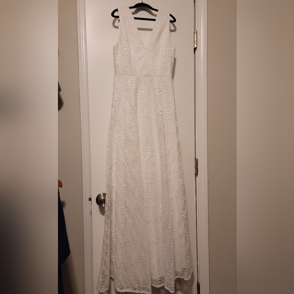Aqua White Botanical Lace Floor Length Dress